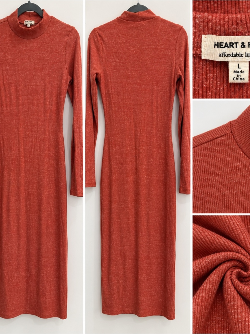 Heart & Hips Ribbed Long-Sleeve Midi Dress - rust color